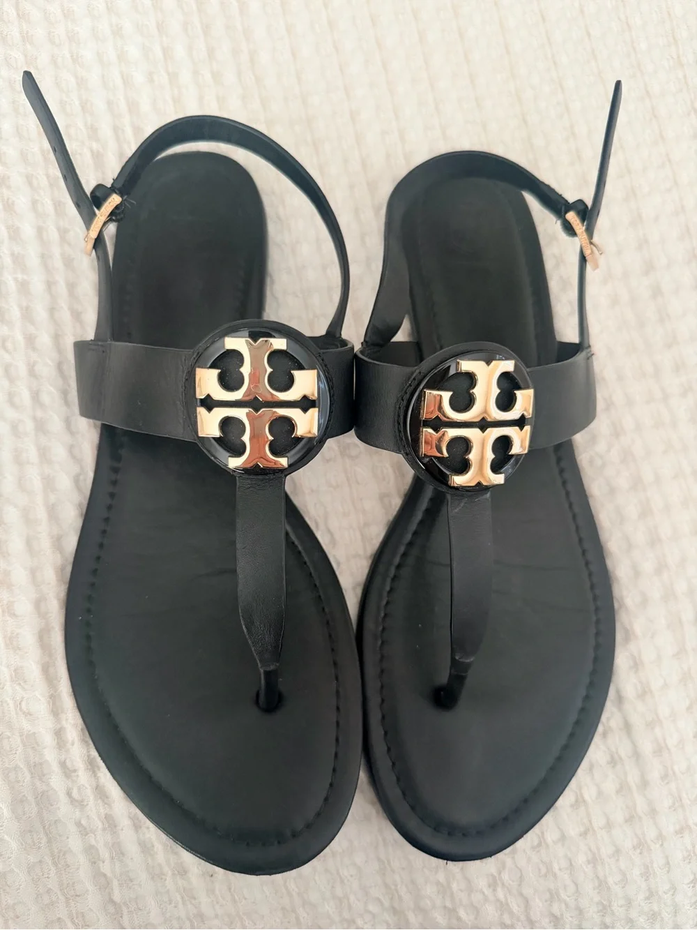 Tory Burch Black Sandal with Gold Logo Medallion